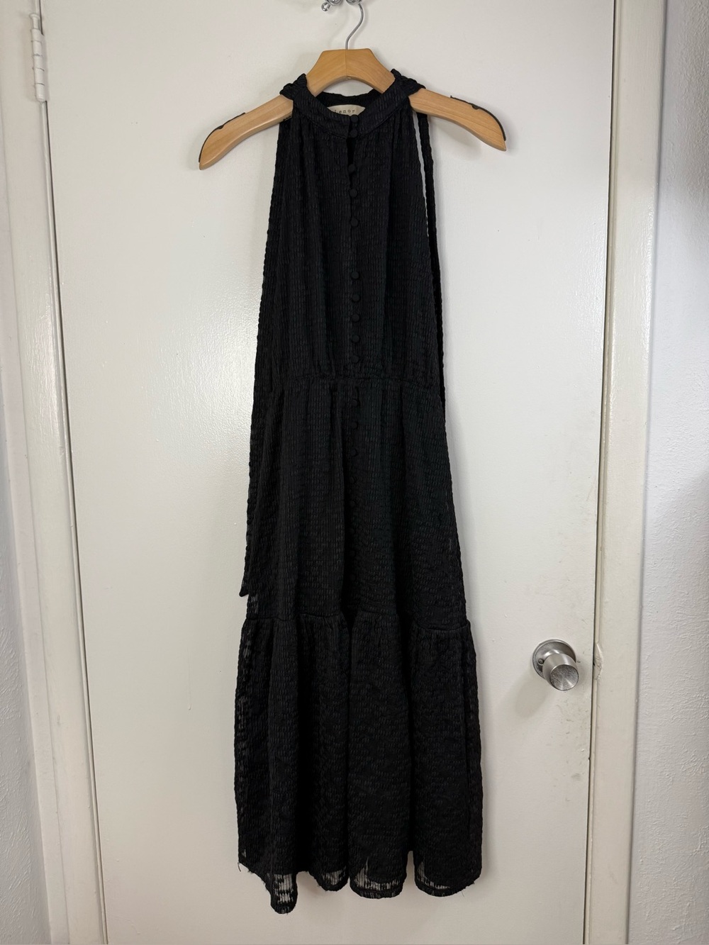 Lenon, black, tiered, halter, textured, button front detail, midi/maxi dress. XS